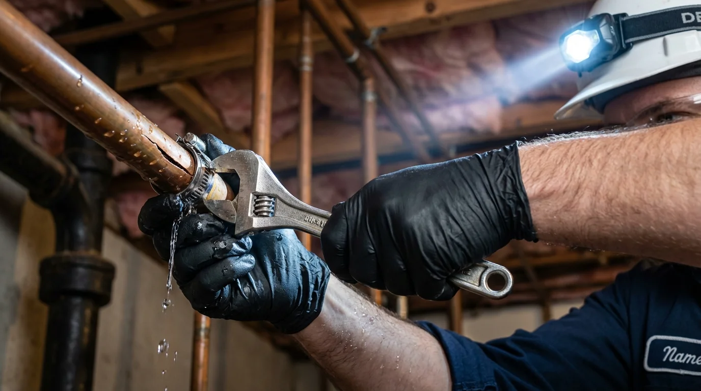 Emergency pipe clamp repair being performed by a Johns Plumbing LLC plumber in Stanford