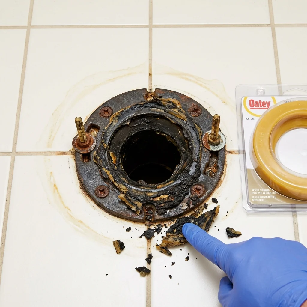 Failed wax ring showing water seepage at the base of a toilet in a Stanford, MT home