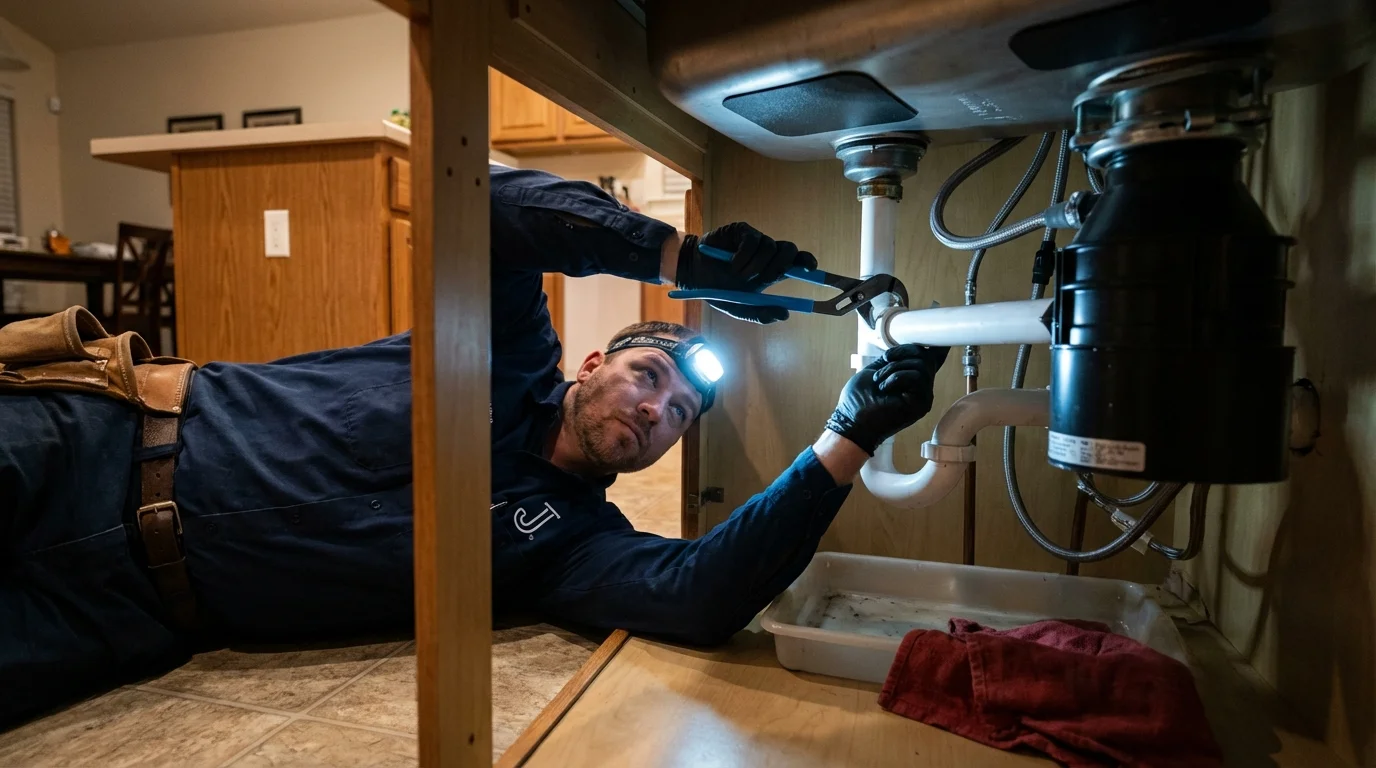 P-trap and supply line connections under a kitchen sink showing a common leak point in Stanford, MT